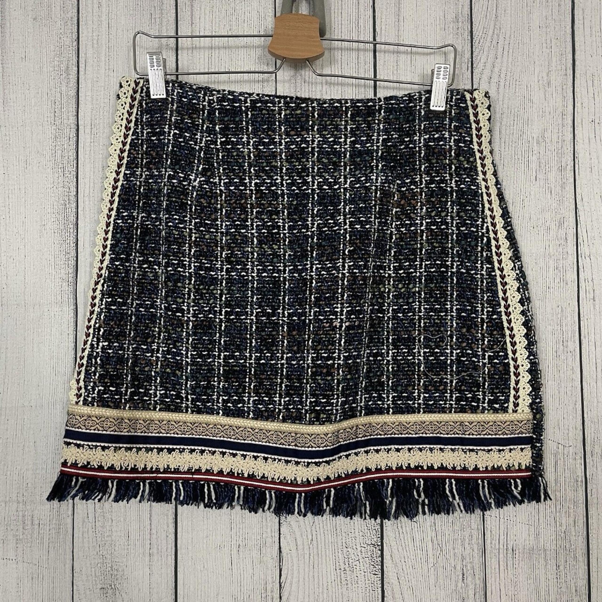 Skies Are Blue Large Multicolor Tweed Lined Frayed Hem Mini Skirt