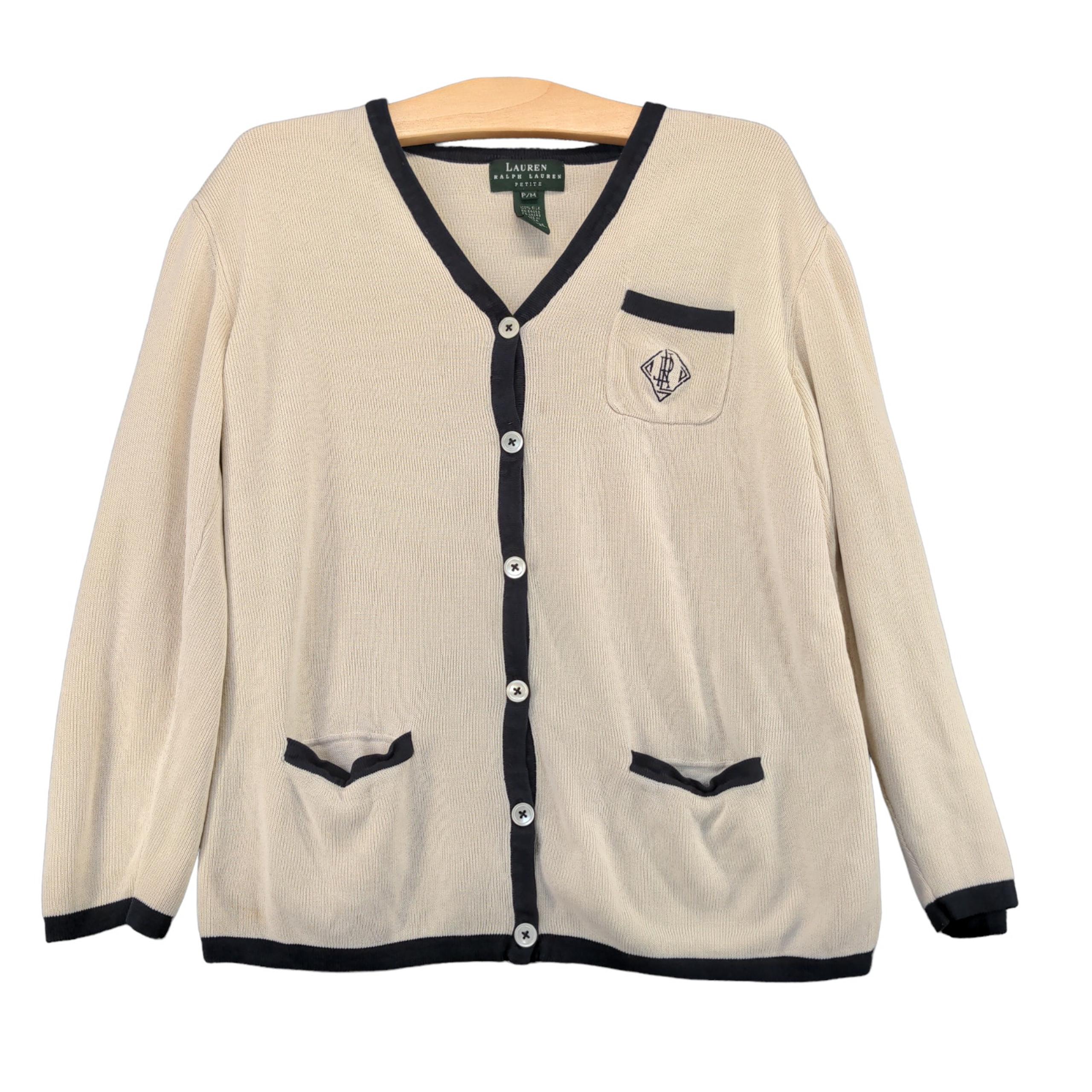 Lauren Ralph Lauren Silk Cardigan Sweater Womens Petite M Cream Button Front