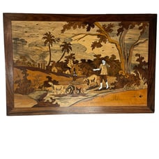 Vintage Wooden Inlaid Marquetry Wall Art Figural Pastural Farm Shepherd Scene