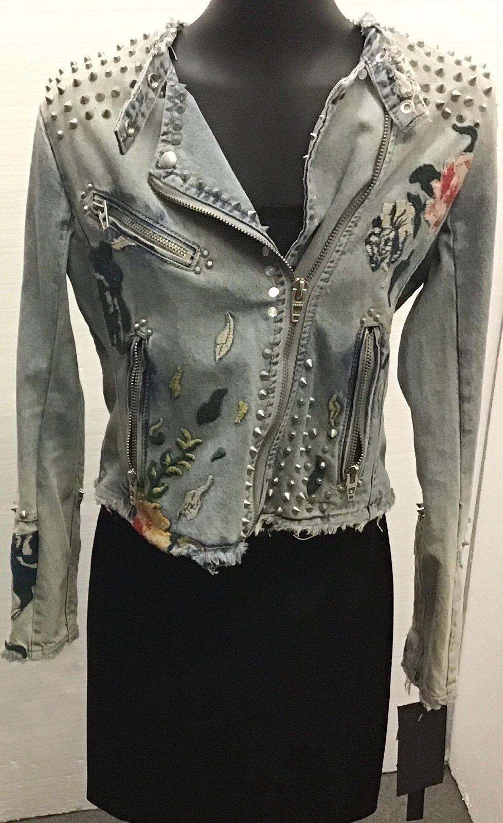Blank NYC Women Navy Studded Floral Zipper Front Jacket Size S