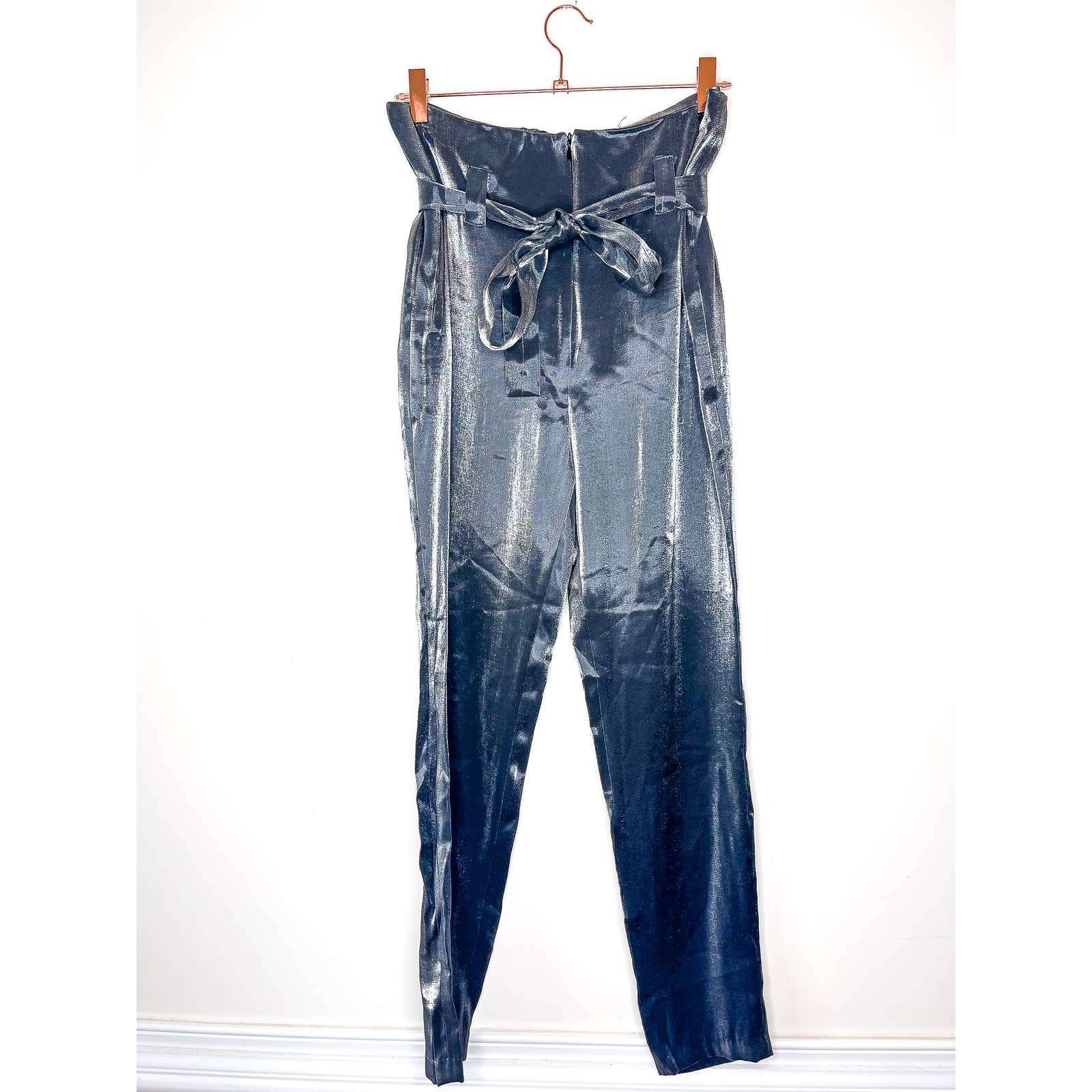 Generation Love High Waist Paper Bag Trousers in Black Metallic