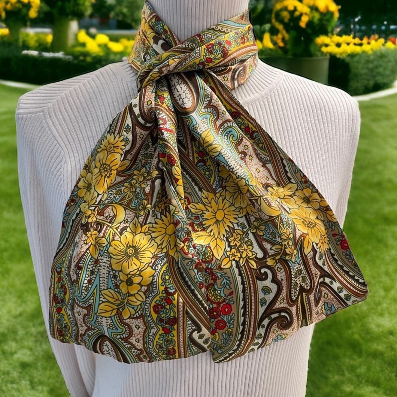 Vintage Paisley Floral Scarf Womens Colorful Cottage Core Grandma 80s