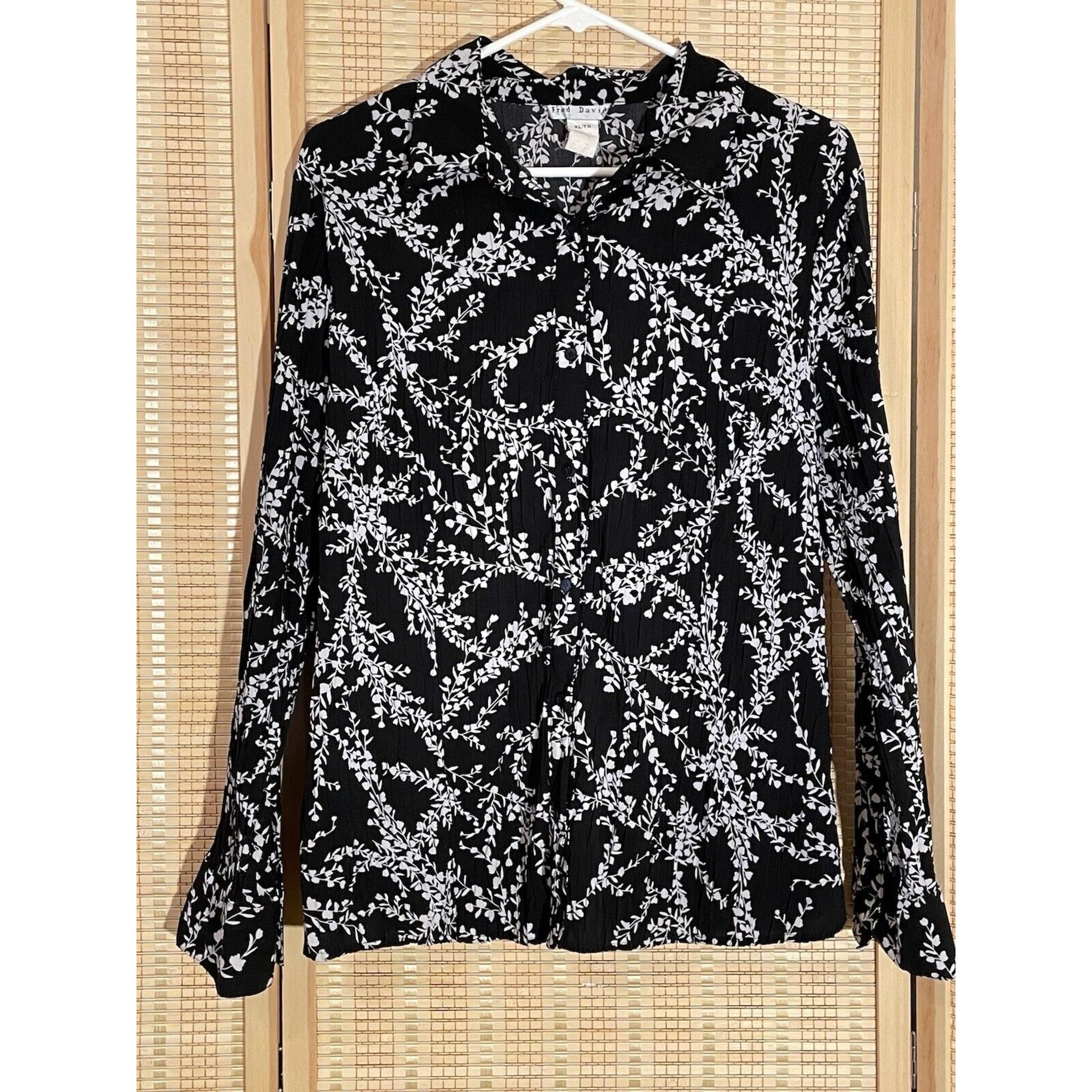 Fred David Women's XL Black White Long Sleeve Button Down Top Blouse Casual