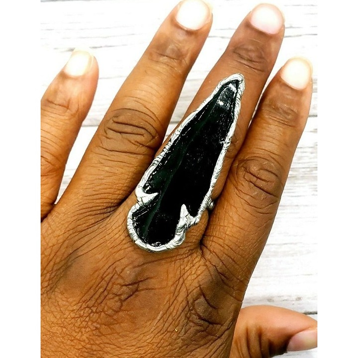 Gothic obsidian crystal arrowhead Ring