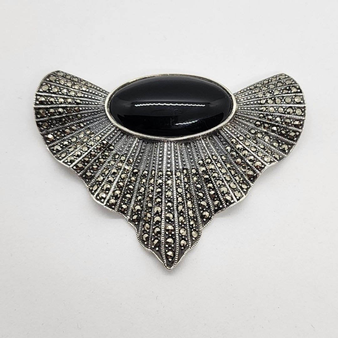 Vintage Judith Jack Art Deco Style Large Black Onyx & Marcasites Sterling Silver