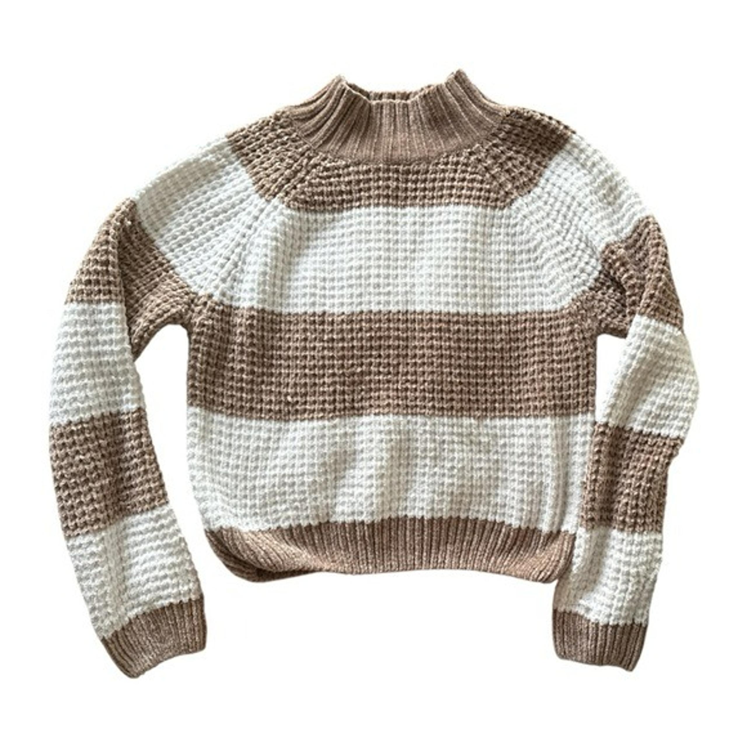 Striped Brown and White Women's Sweater chenille soft turtleneck size medium top