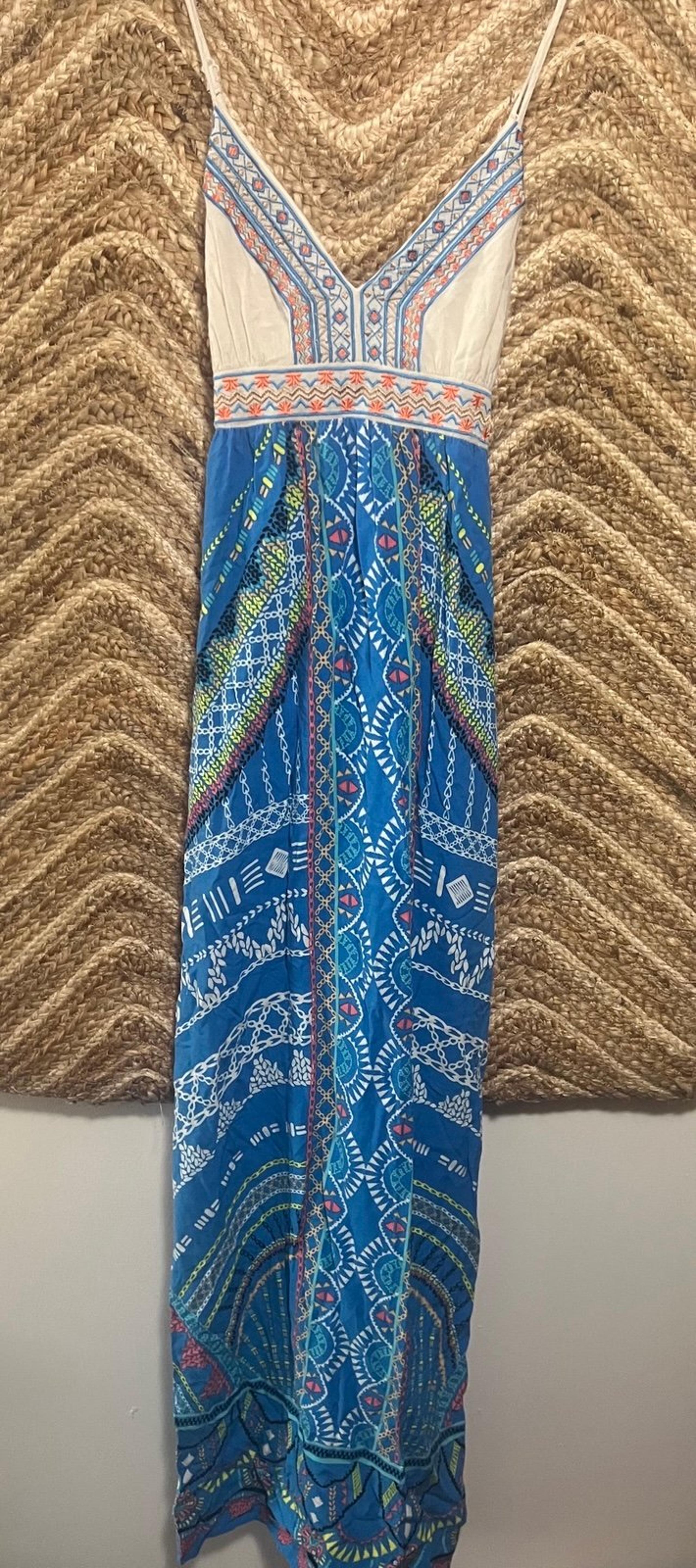 Flying Tomato Women's Blue Patterned Maxi Dress with an Embroidered Top,Size S?