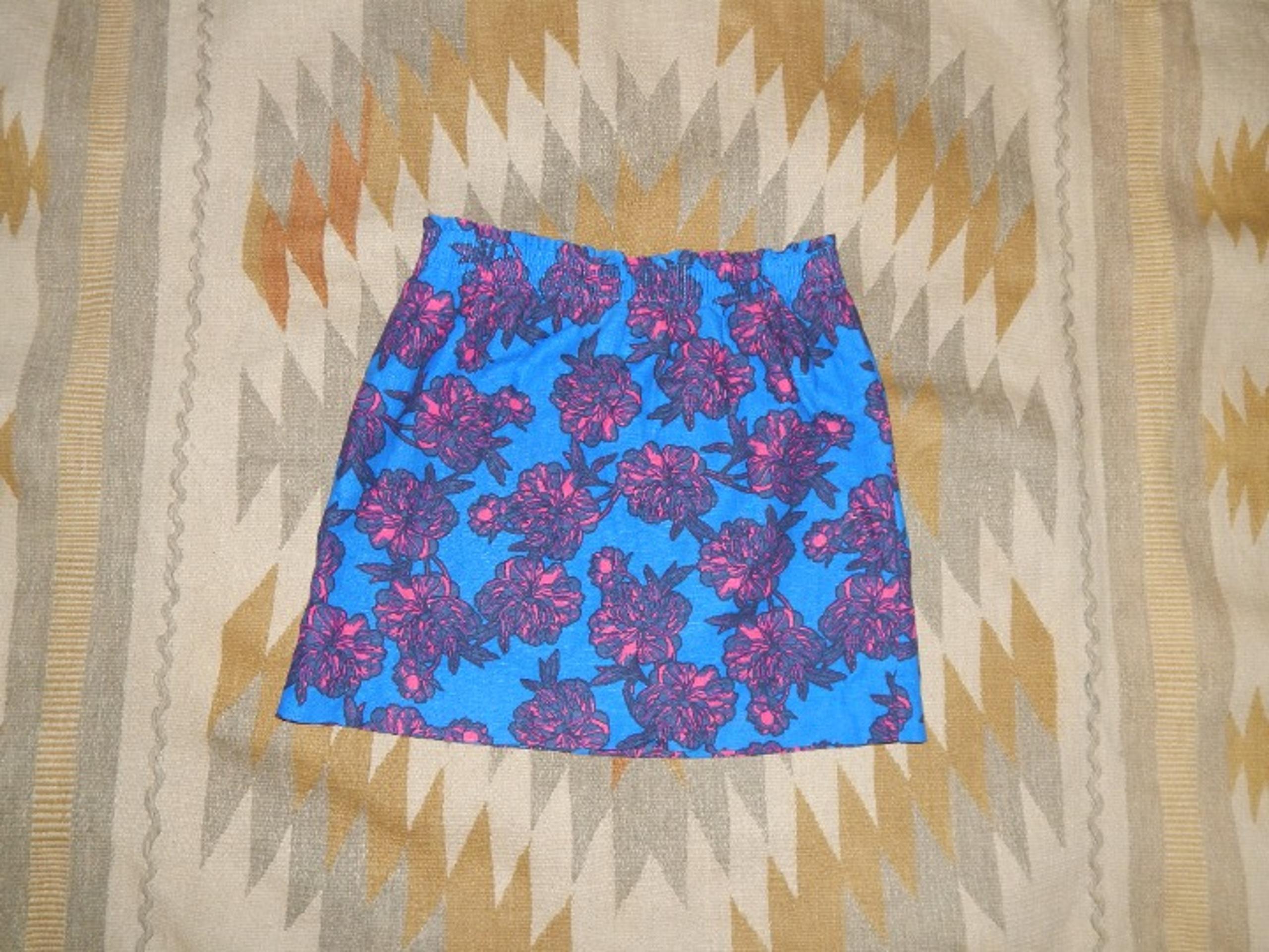 J Crew Size 8 Blue Skirt w Pink Floral Pattern Linen/Cotton Short Skirt EPOC