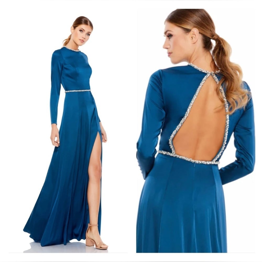 Size 14 Ieena for Mac Duggal 26524 NWT Evening Gown Sapphire Blue Crystal Trim