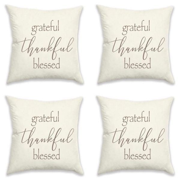 NWT Set of 4 Morgan Home Graphic Grateful Thankful Blessed 18×18 Ivory Brown Rev