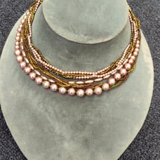 Japanese handmade multi strand necklace with akoya pearls, orange & gold Czech