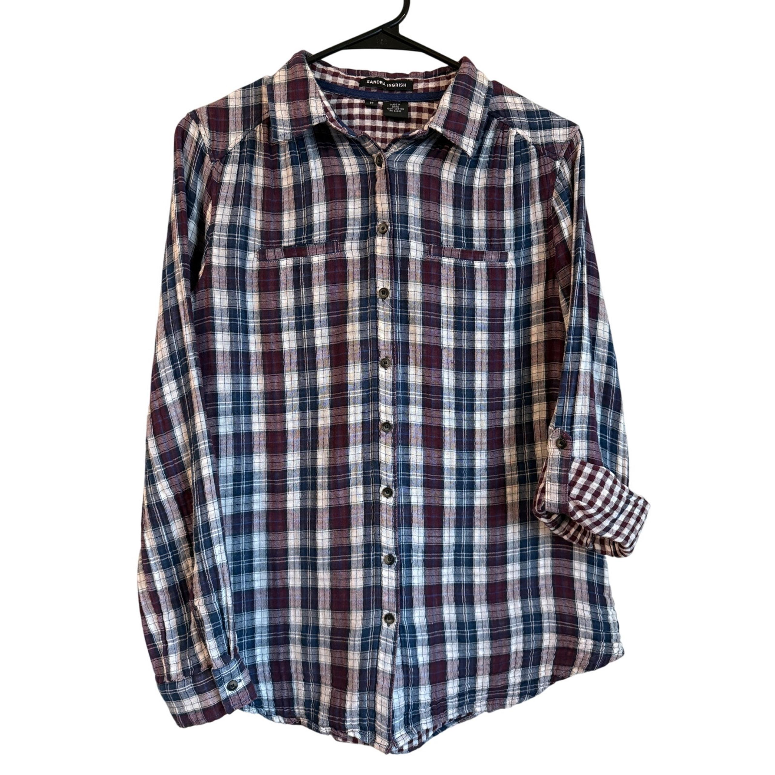 Sandra Ingrish Plaid Shirt Size M Gingham Cotton Buttonup Roll-tab Blue Burgundy