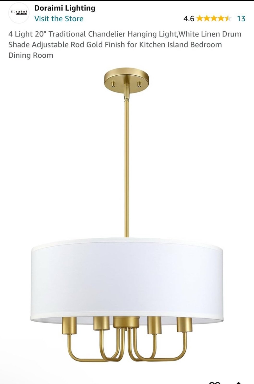 20” Gold Chandelier Light Fixture Drum Shade for Kitchen Dining Room