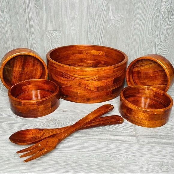 Vintage wooden glossed large salad bowl and 4 serving bowl with fork and spoon