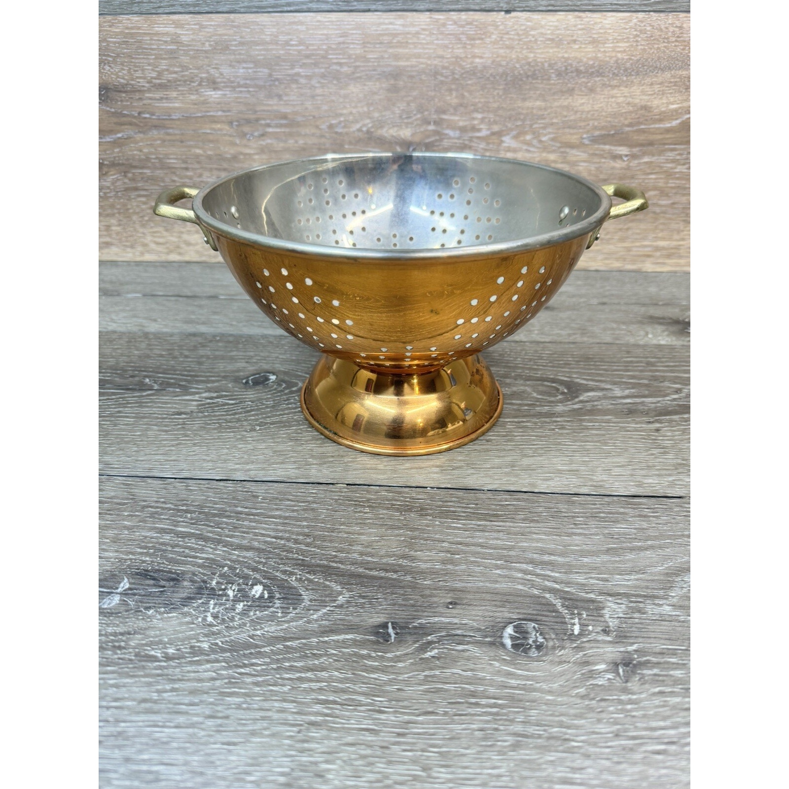 Vintage ODI 9'' Copper Colander Strainer Brass Handles Pedestal Footed Korea