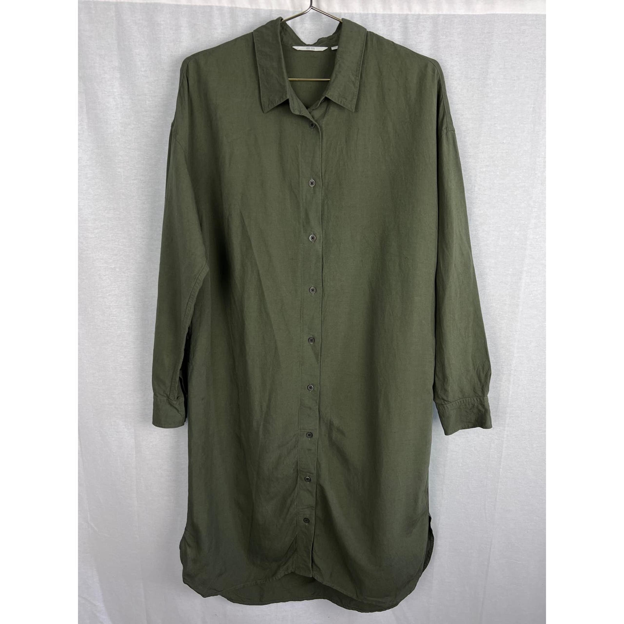 Uniqlo Size Medium Linen Blend Olive Green Long Sleeve Lagenlook Shirt Dress