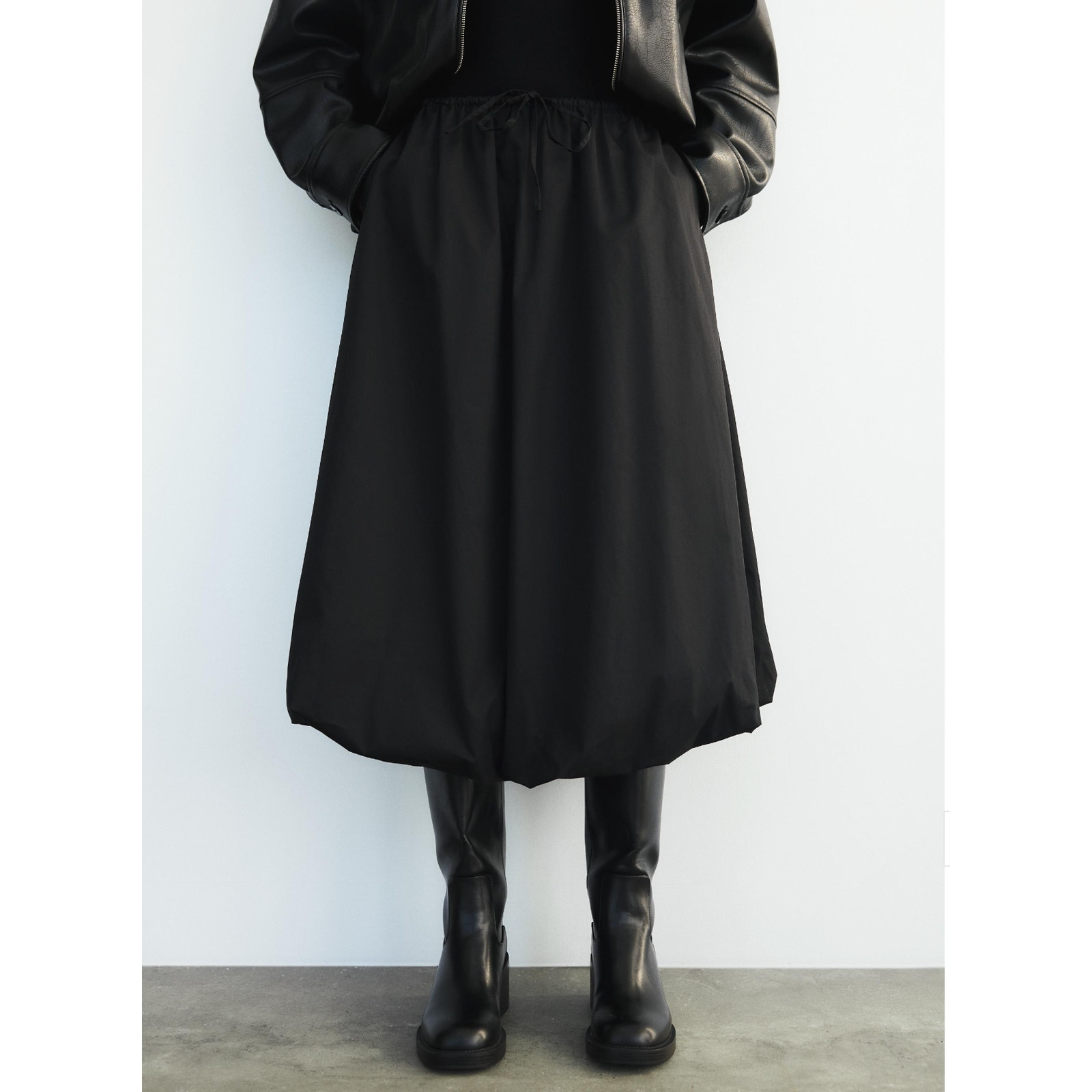 Zara Balloon Skirt Black Midi Bubble Hem Drawstring Elastic Waist Pockets Size M