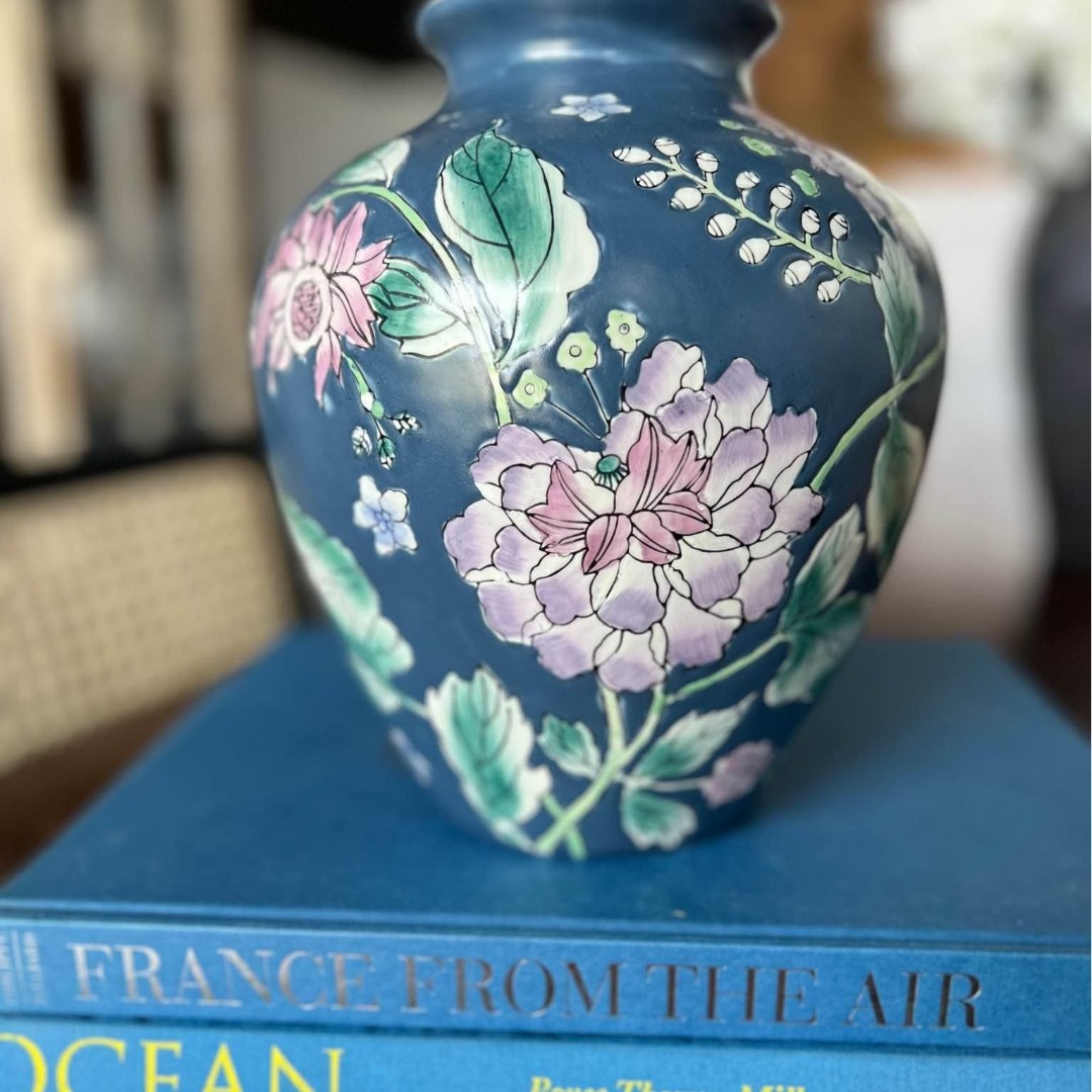 Vintage Chinoiserie Macau Blue Purple Floral Ceramic Vase Vessel Grandmillennial