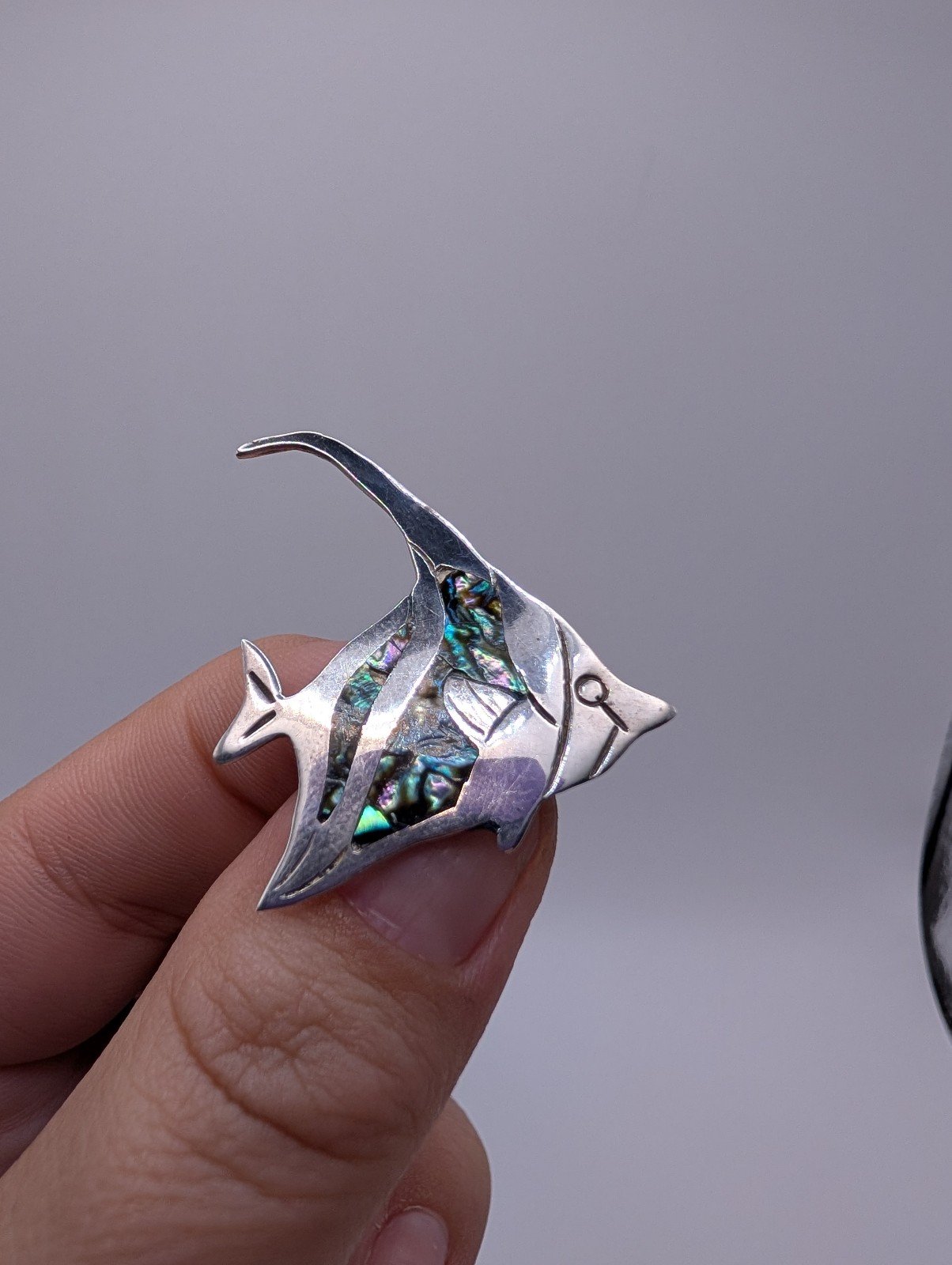 Vintage Taxco Mexico Abalone Angel Fish Sterling Silver Pin Brooch .925