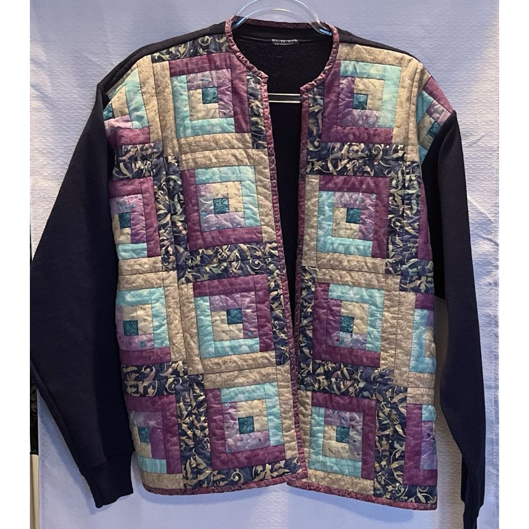 Vtg Handmade Patchwork Quilted Shabby Chic Jacket Cardigan Womens Grandma Navy