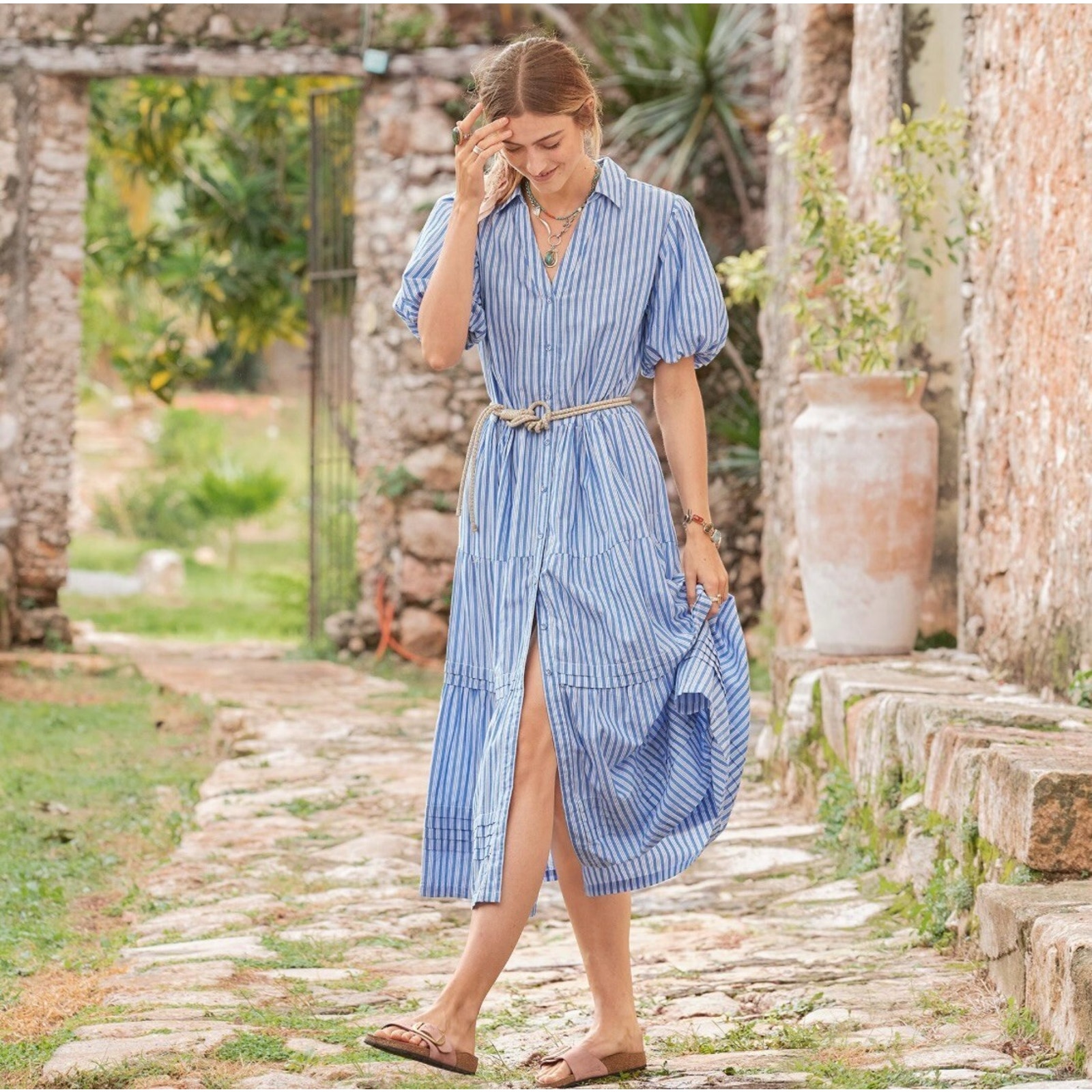 SUNDANCE Abrielle Shirt Dress Large Cottagecore Beach Tiered Striped Puff Sleeve