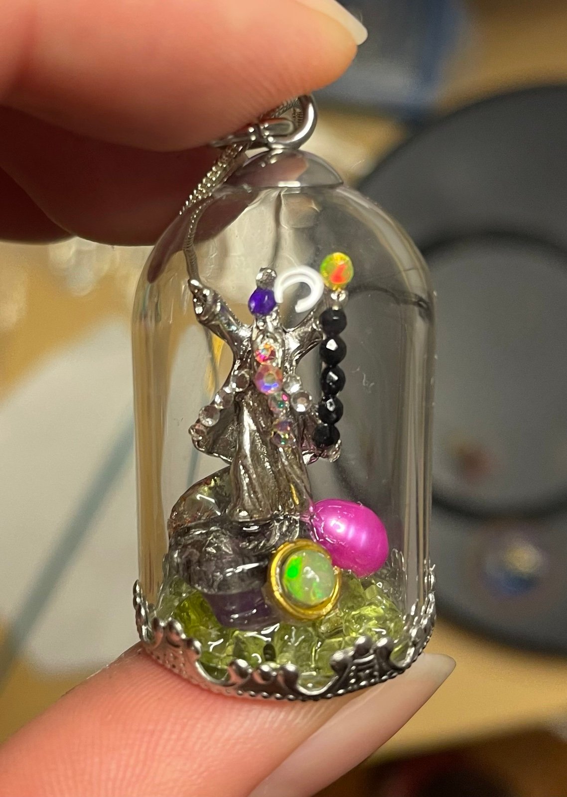 Handmade miniature silver globe wizard pendant