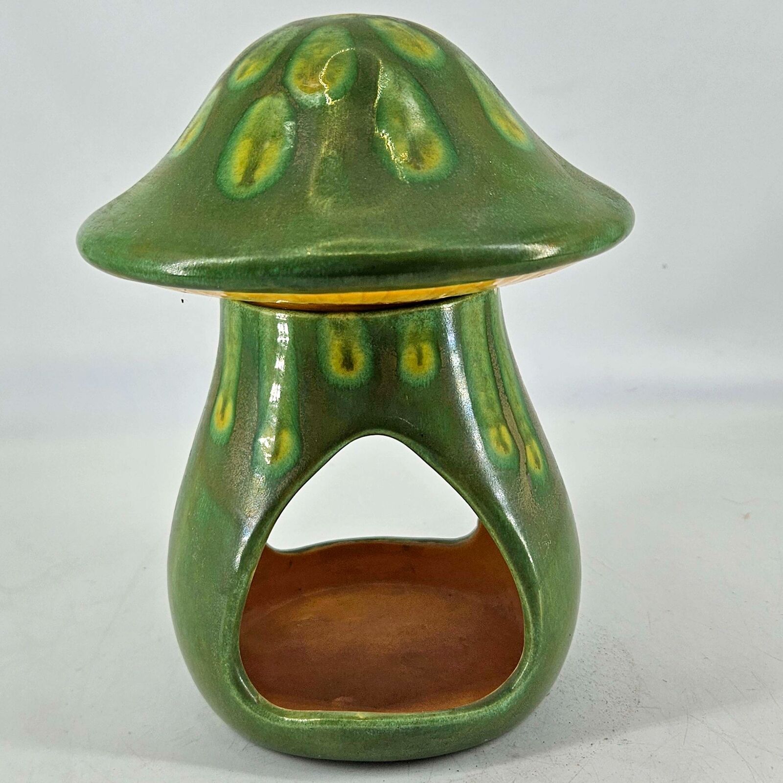 VINTAGE Ceramic green yellow Mushroom Votive Tea Light Candle Holder
