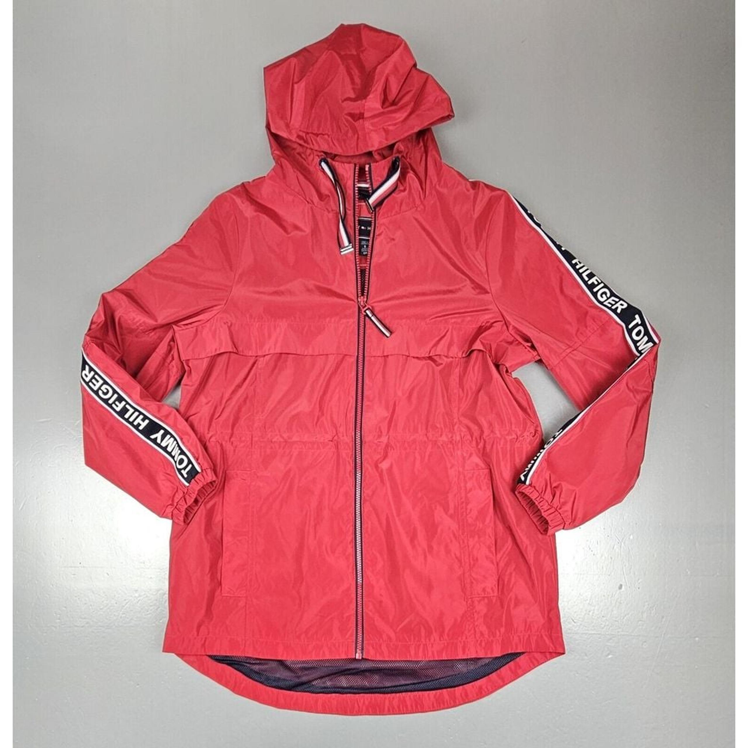 Tommy Hilfiger Windbreaker Hooded Jacket Mens Small. Red Sleeve Spellout Y2K