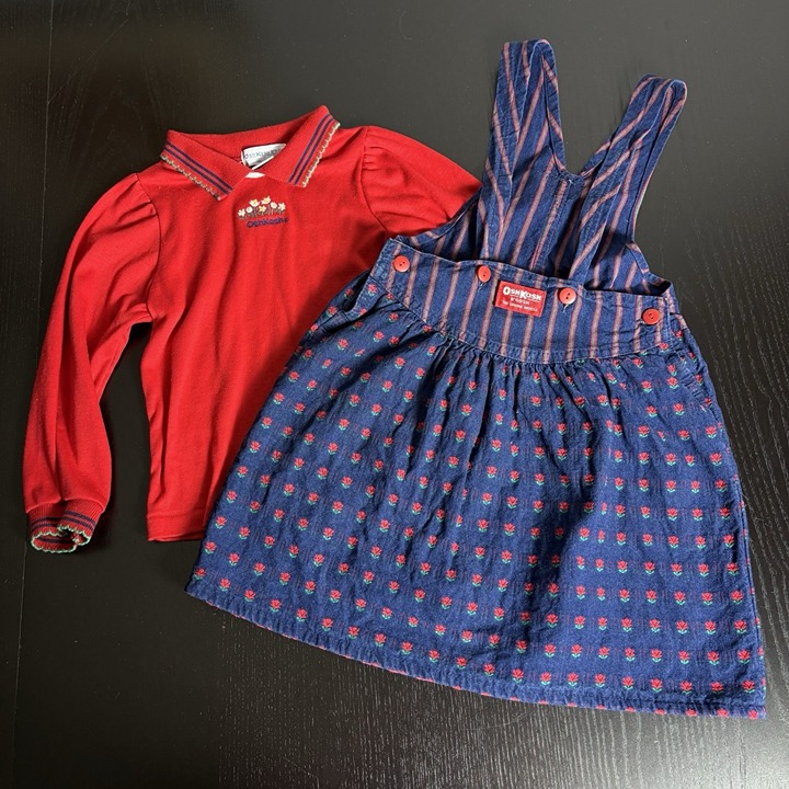 Vintage 80s OSHKOSH Girls Size 4T/5 Blue Denim Flower Overall Dress & Shirt Set
