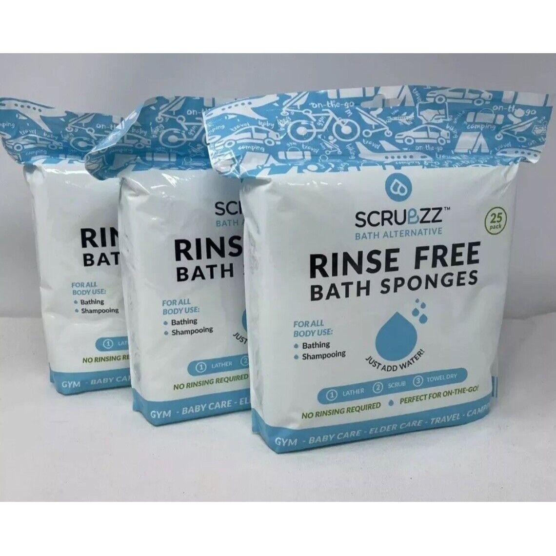 3x Scrubzz Rinse Free Bath Sponges 25 Per Pack Bath Alternative Just Add Water