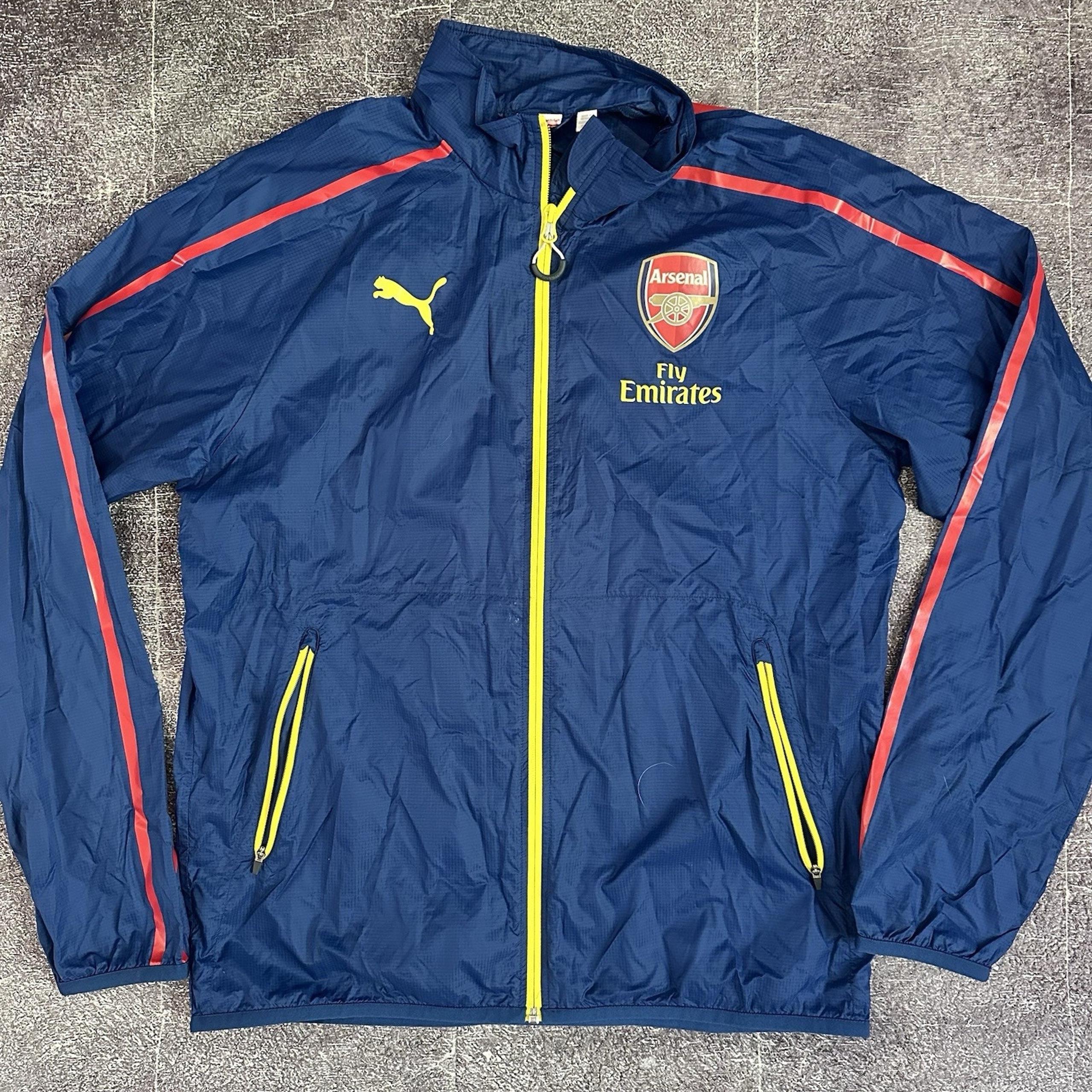 Men's PUMA Arsenal FC Navy Blue Red Hooded Windbreaker Zip Rain Coat Jacket Sz L