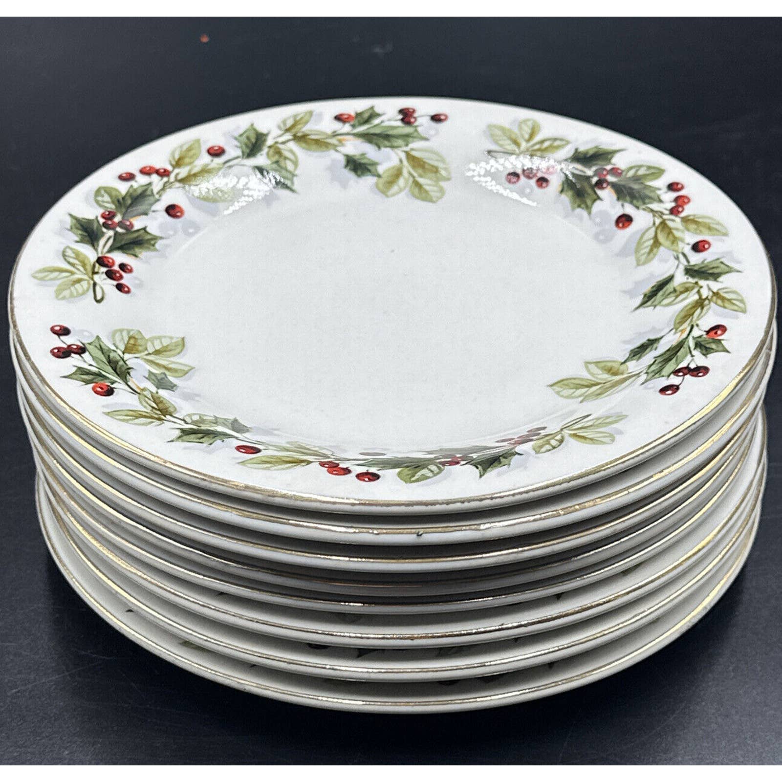 Target Home Christmas HOLLY BERRY Salad Plates with Gold Rim - Lot of 8