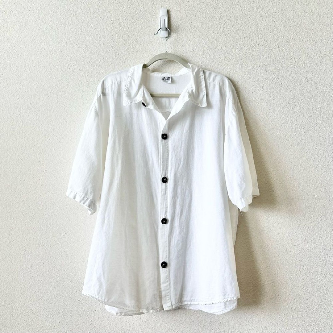 CP Shades Button Down Linen Cotton Short Sleeve Top in White Size Large