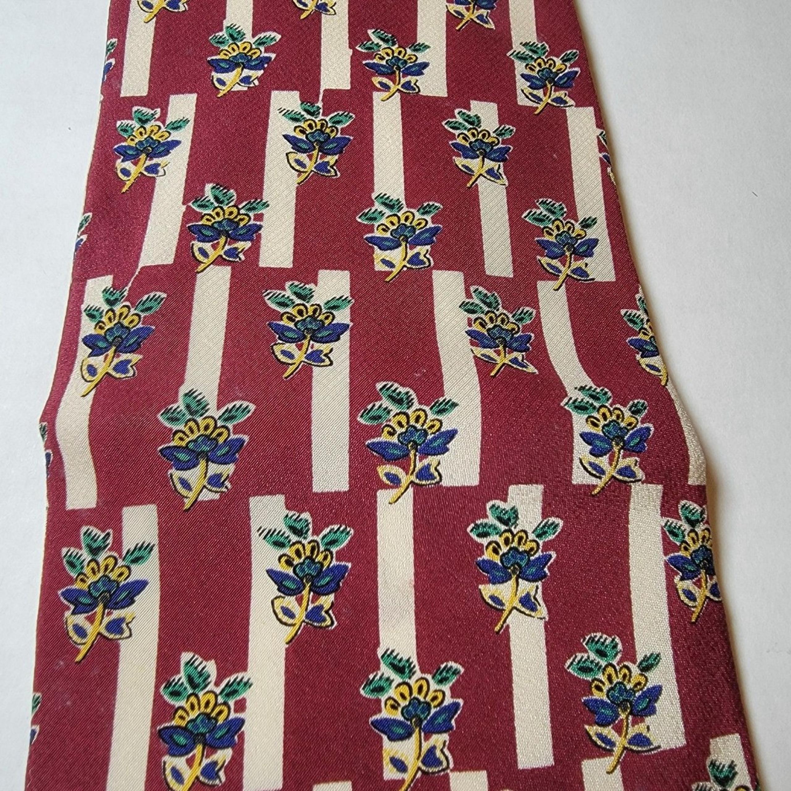 Nautica Tie Burgundy & White Squares w/ Blue Flowers - 100% Silk