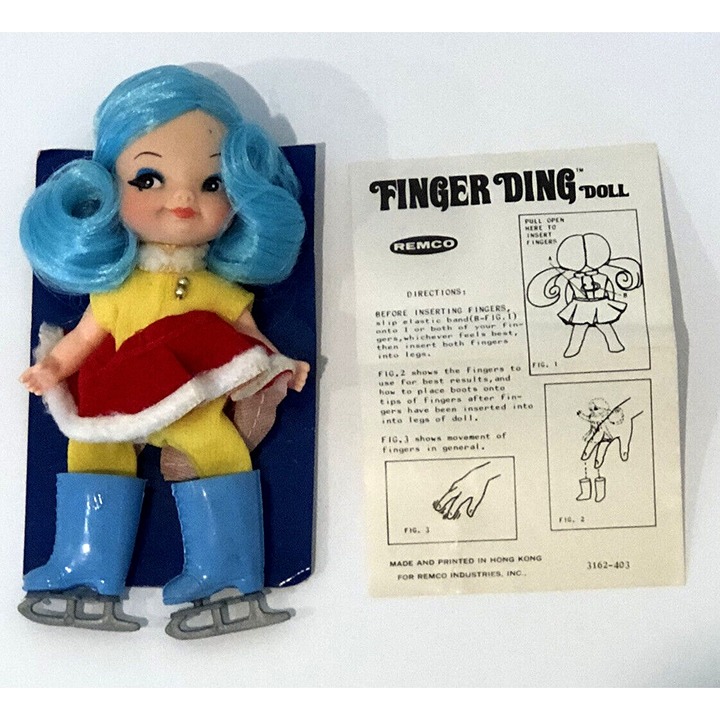 VINTAGE REMCO 1969 SALLY ICE SKATER FINGER DING DOLL ACTION FIGURE W/ PAPERWORK