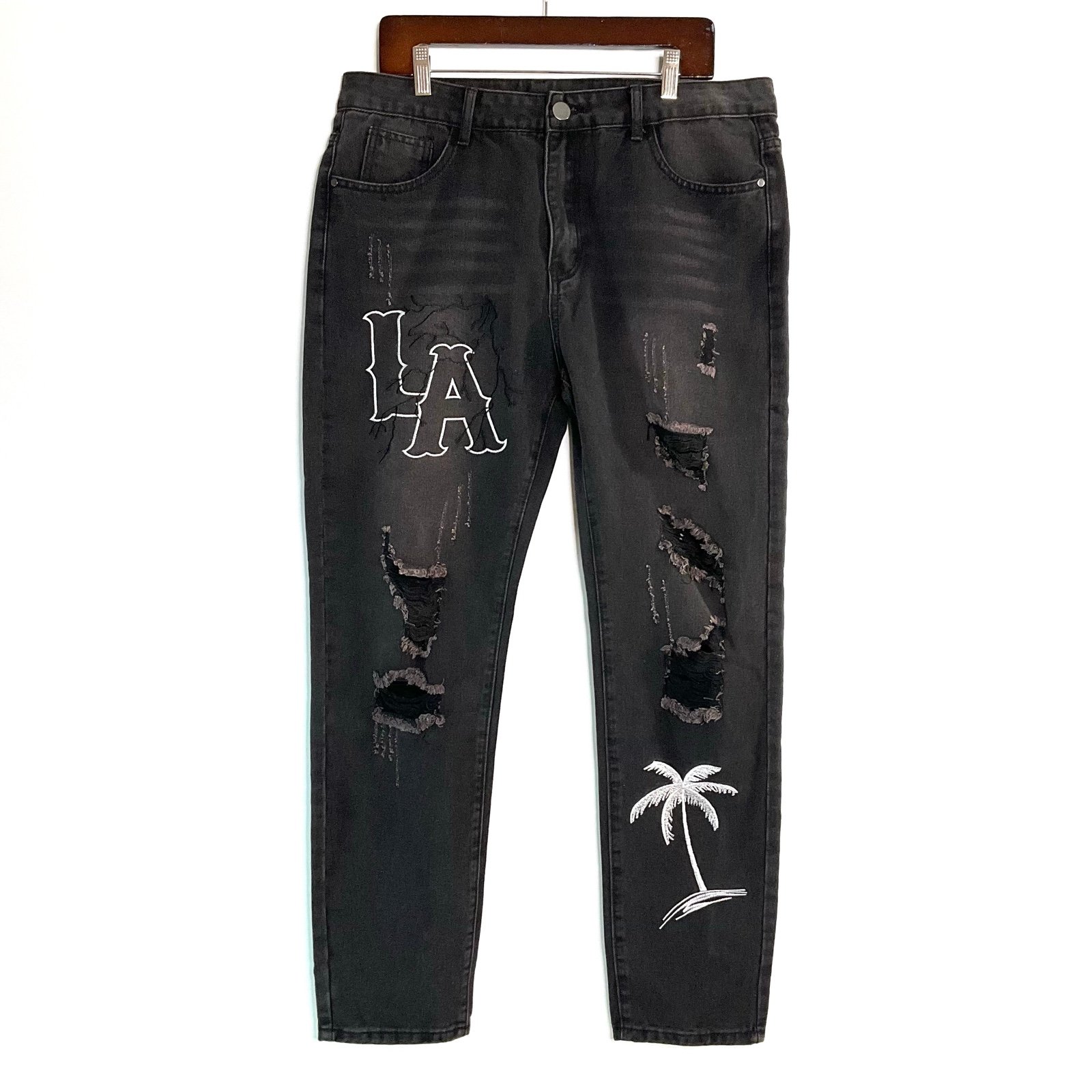 Black Distressed Ripped Jeans LA Palm Tree Logo Mens SZ 36 Bold Edgy Streetwear