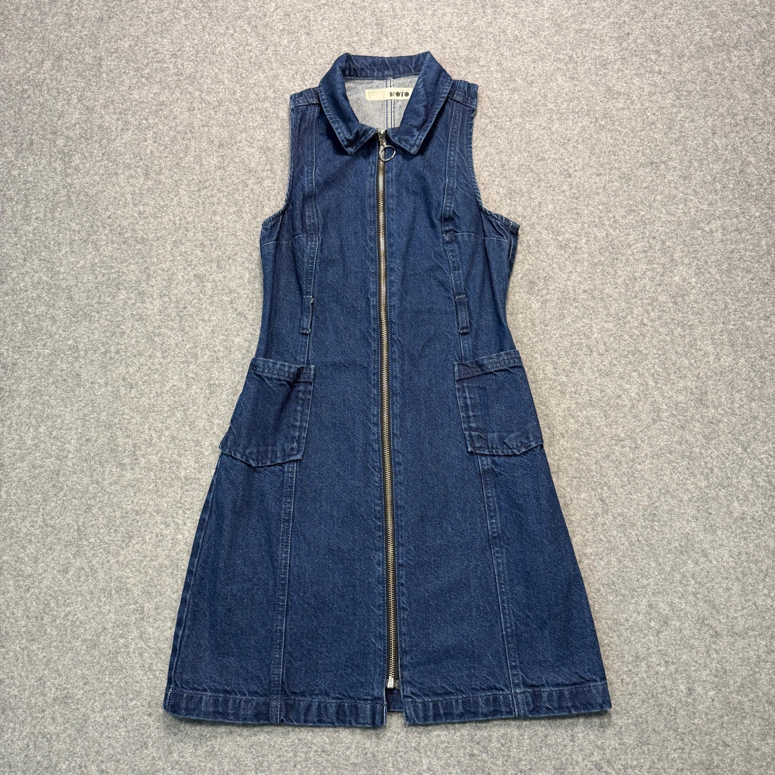 Women's Topshop Moto Denim Blue Jean Sleeveless Zip Front Dress Size 4