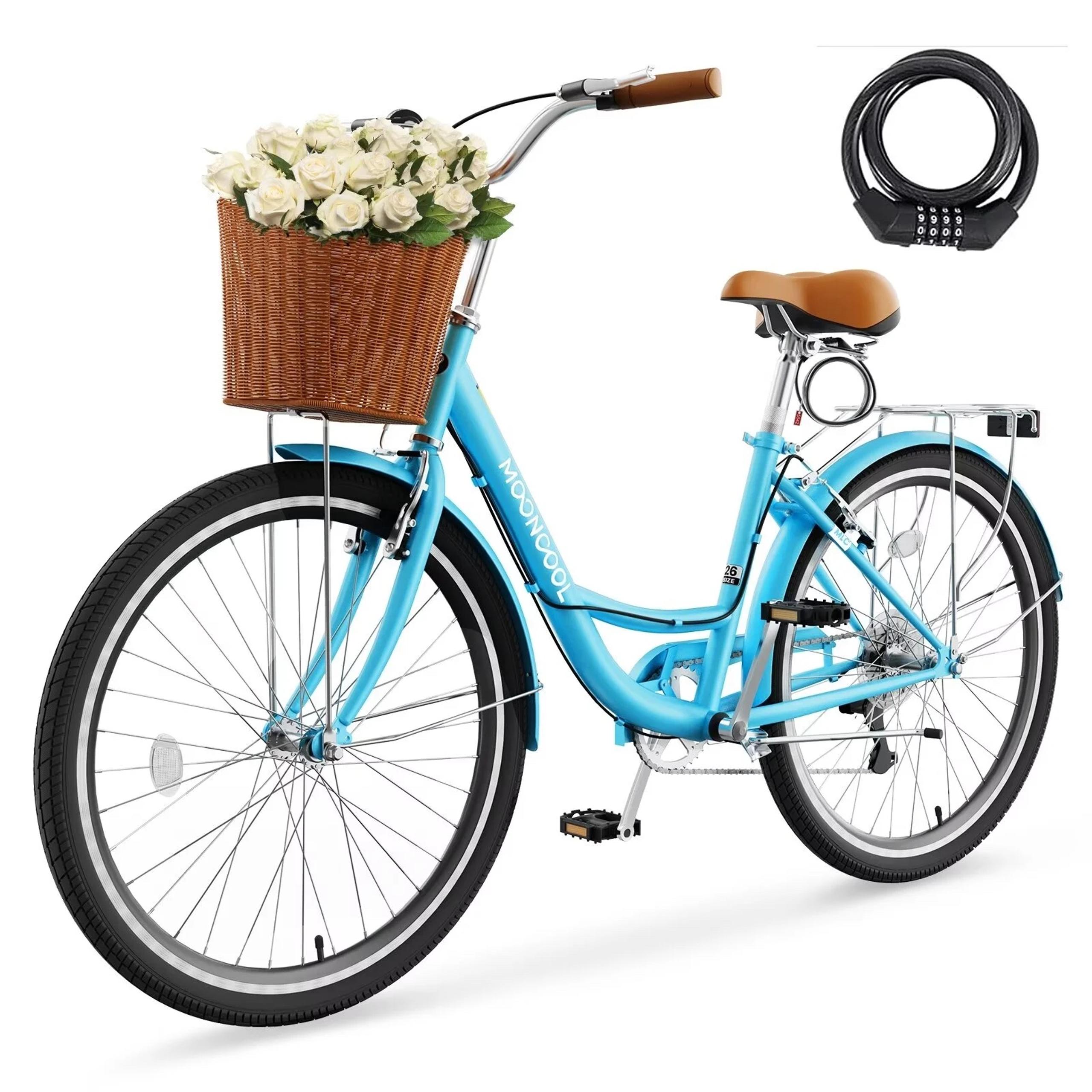 24 26 inch 7 Speed Bicycle for Women with Basket & Lock, Cruiser Bike for Women,