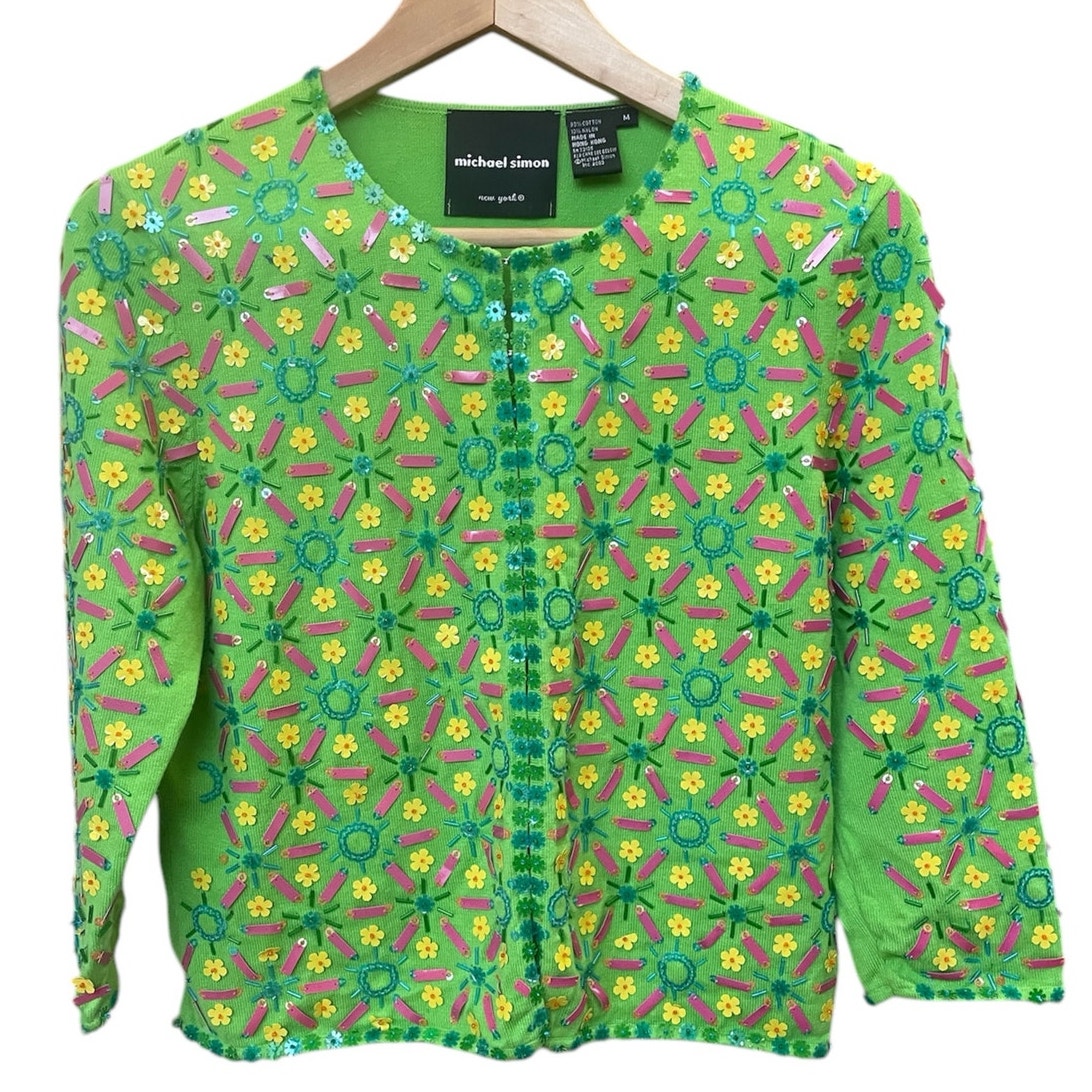 Michael Simon Floral Applique Cardigan Size Medium Y2K 2000s