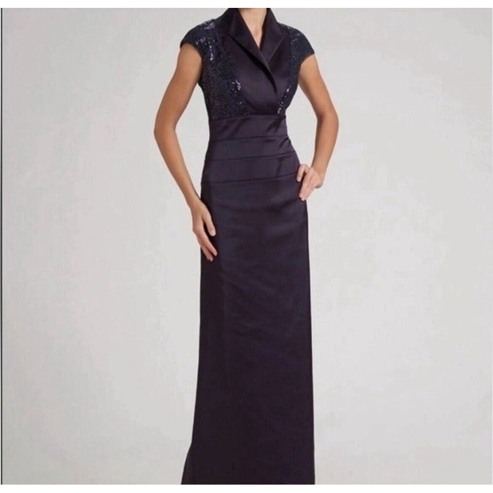 Tadashi Shoji Women's Cap Sleeve Sequin Maxi Formal Dress V-Neck Lapel 6 Petite