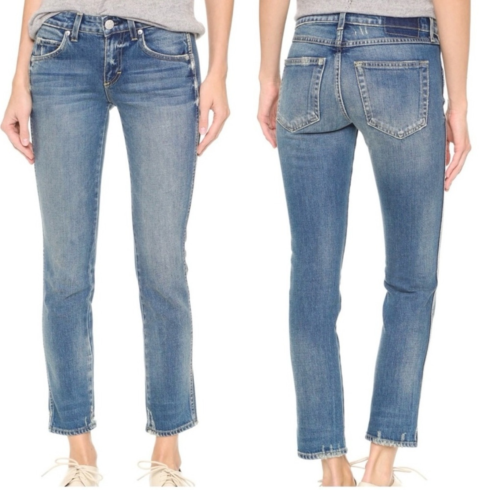 AMO Kate Girl Crush Jeans Blue Straight Cropped Distressed Stretch Denim Size 27