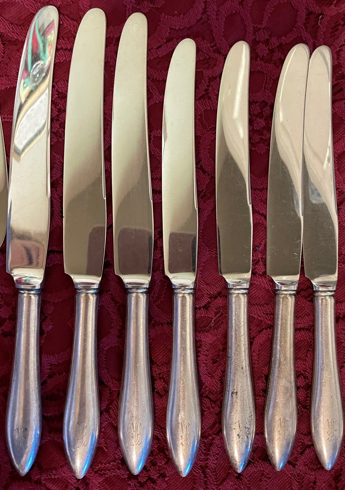 Towle 7 pc SET sterling handle 3 dinner 4 place size flatware knives Mono R, F,K