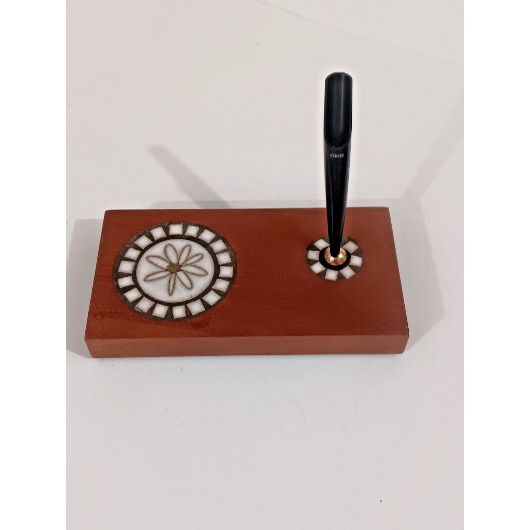 Vintage Parker Pen Holder Oiled Walnut & Handmade Stoneware By Marshall Studios