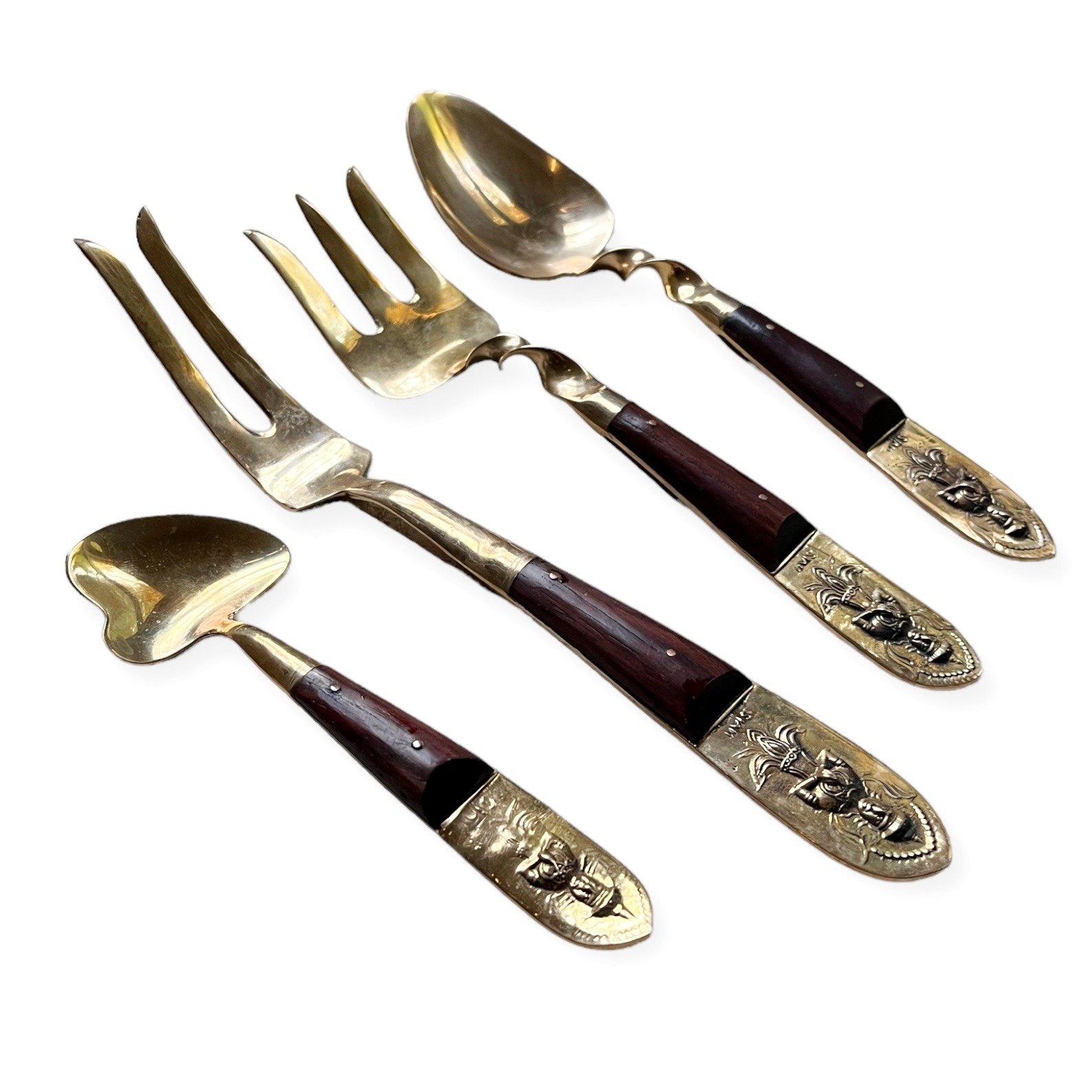 Vintage Mid-Century Thailand Bronze and Rosewood Serving Set, 4 pc