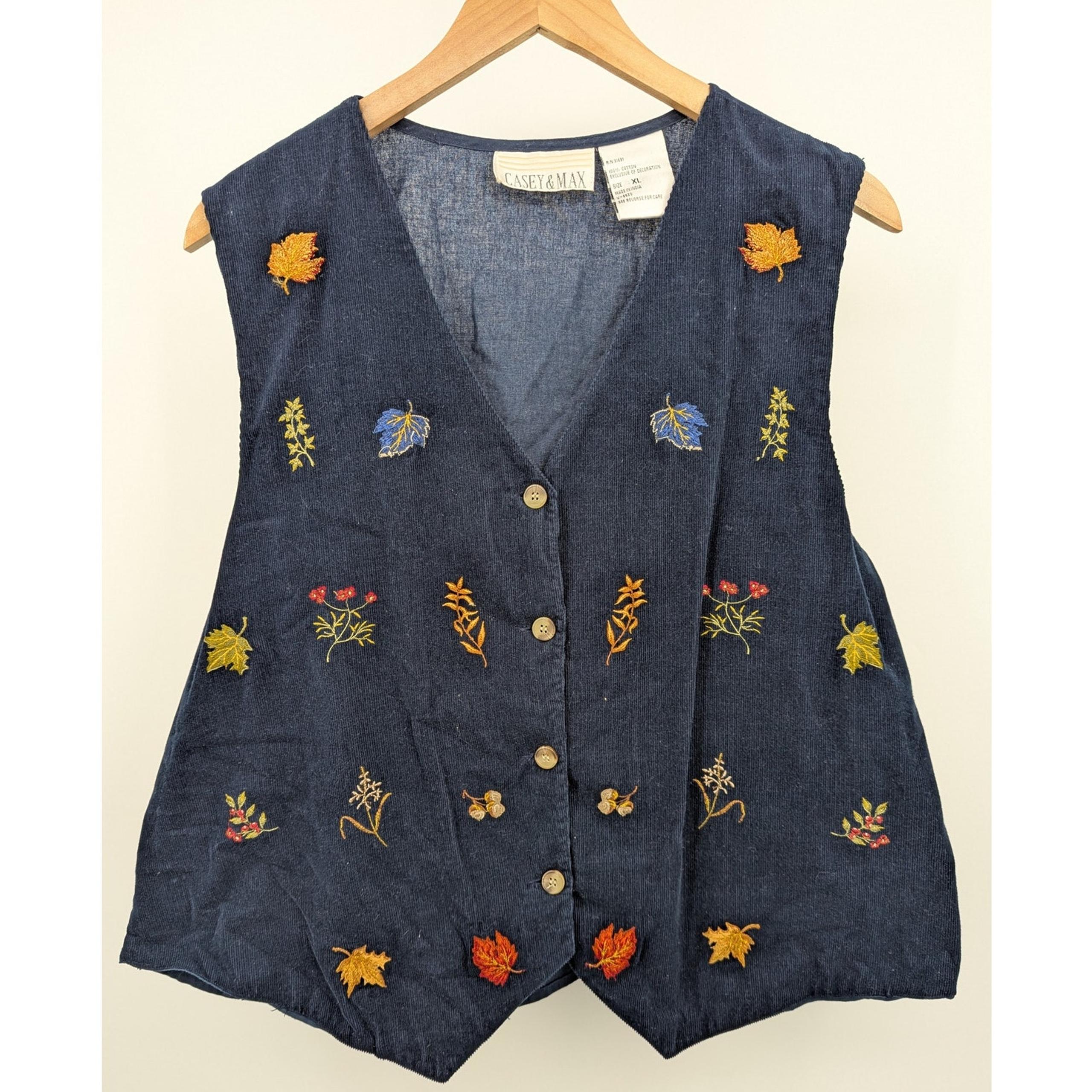 Vintage Casey & Max 100% Cotton Corduroy Navy Blue Floral Vest Size XL