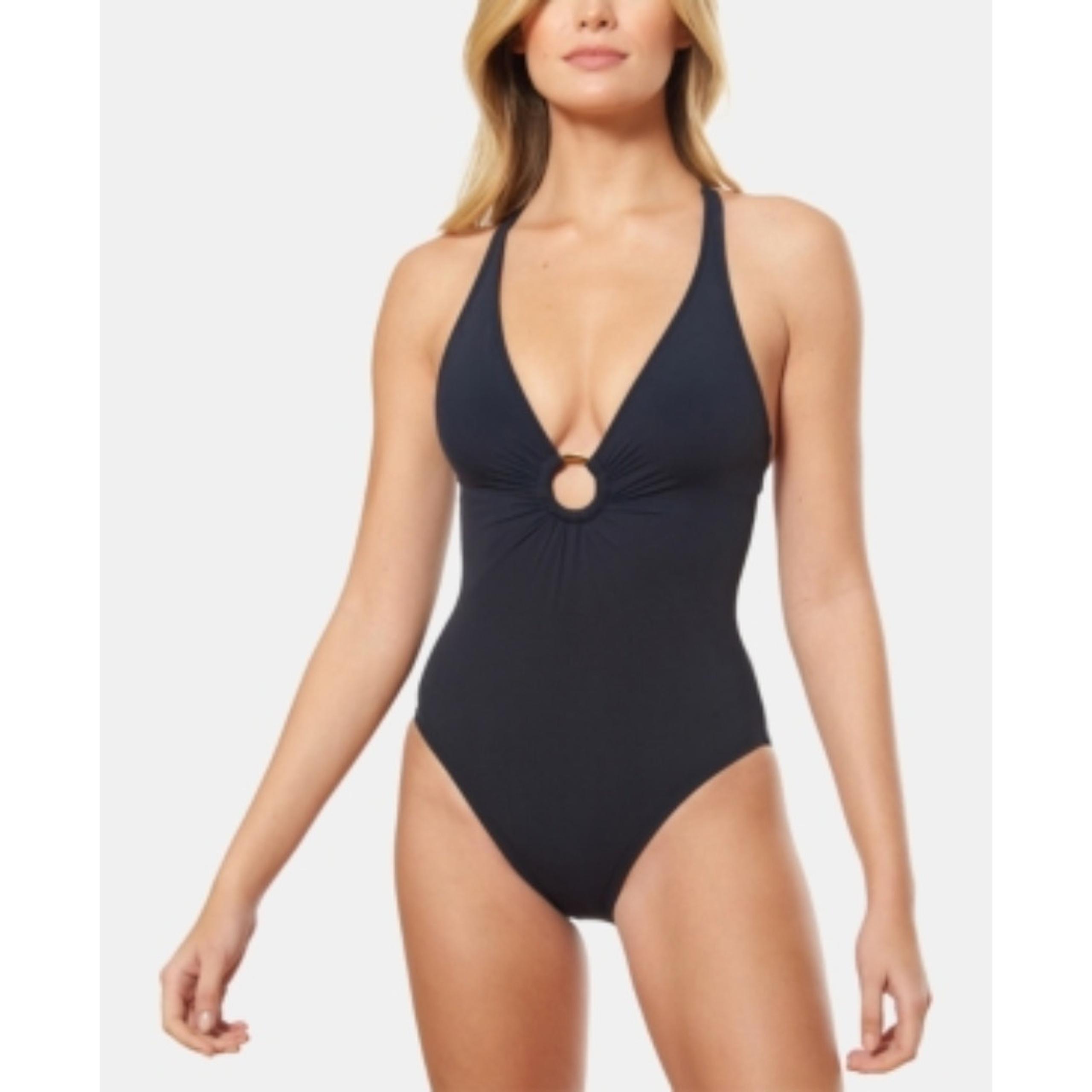 NWT Bleu by Rod Beattie Plunge Halter Tummy Control One-Piece Swimsuit Black 6