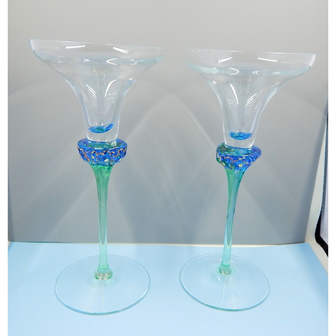 Art Glass Taper Candle Holder Green Stem Flower Gold Accent Pair