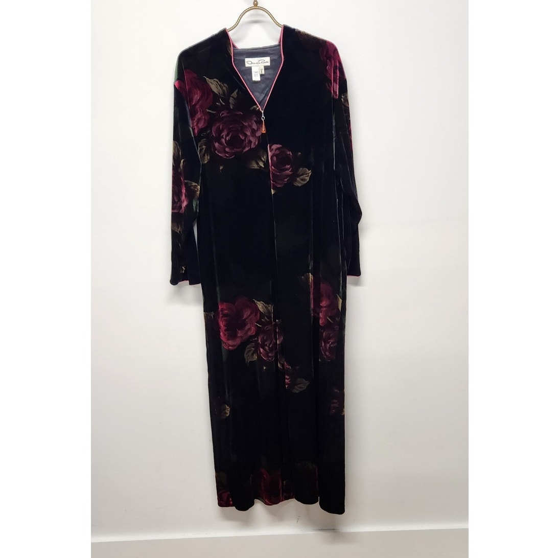 Vintage Oscar De La Rente Black Floral Velvet Long Night Gown/Dress, Size Large