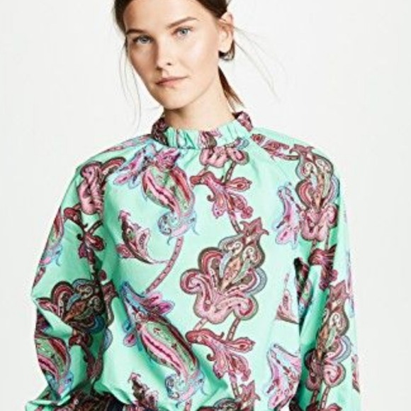 Tibi green shirred neck paisley blouse size xs