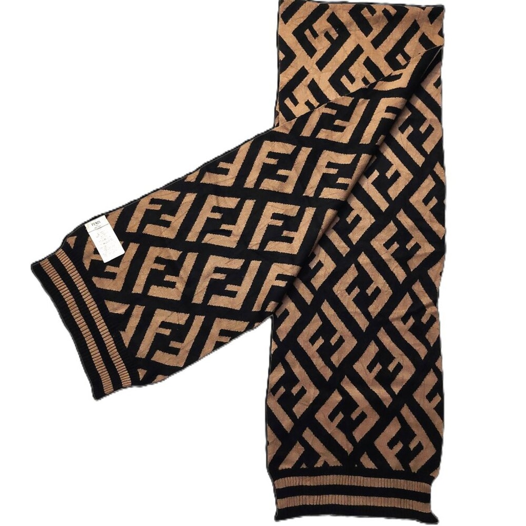 Vintage FENDI Black & Brown Monogram Print Cashmere Scarf with Stripe Trim